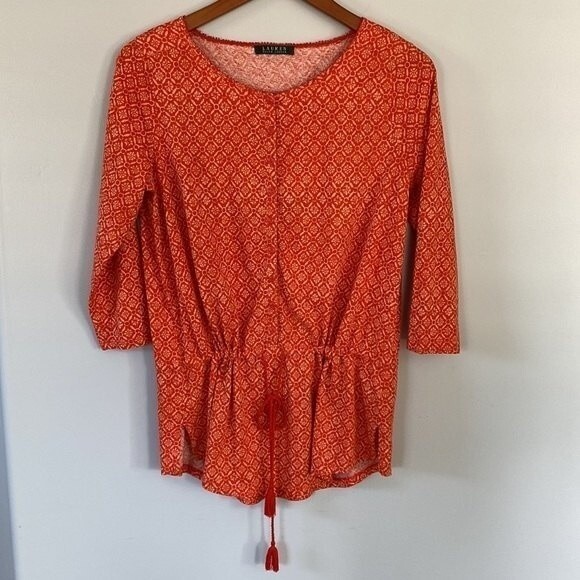 LAUREN Ralph Lauren Geometrical Print Tunic Top 3/4 Sleeve Drawstring Tassel - Picture 7 of 14